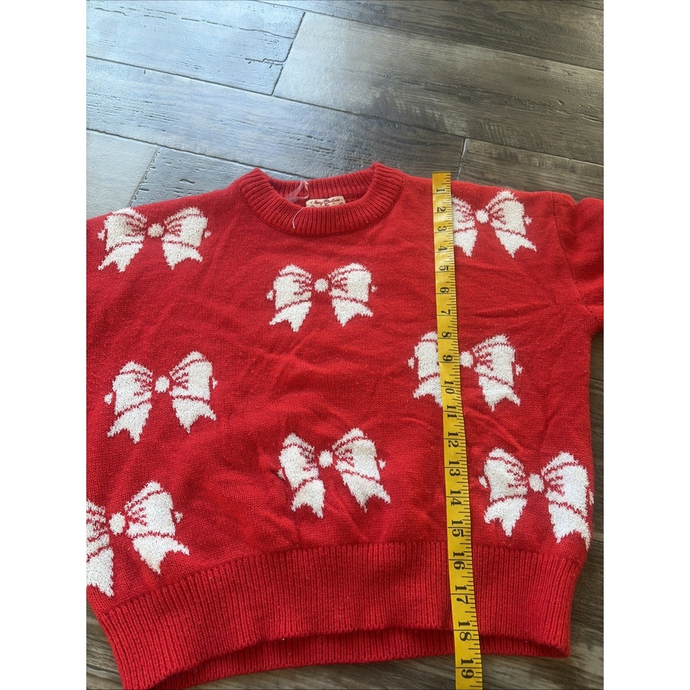 Poof Juniors Women's Long Sleeve Bow Print Sweater Sz Medium Red Cropped Croquet - Picture 4 of 7